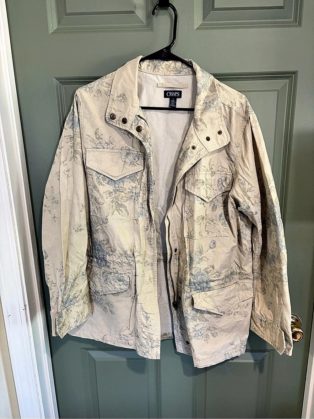 Chaps Floral Utility Jacket in Cream & Blue Size Medium Like New